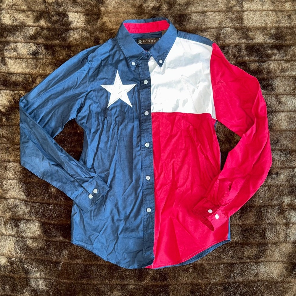 Roper Men's XS Red, White, Blue Lone Star Texas‎ Western Cowboy LS, BF Shirt